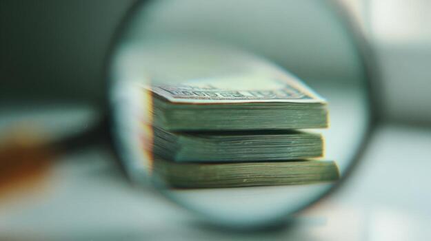 Stack of us dollar bills viewed through magnifying glass close up photo