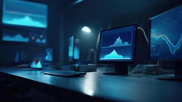 Data analysis visualization with computer monitors and graphical interface photo