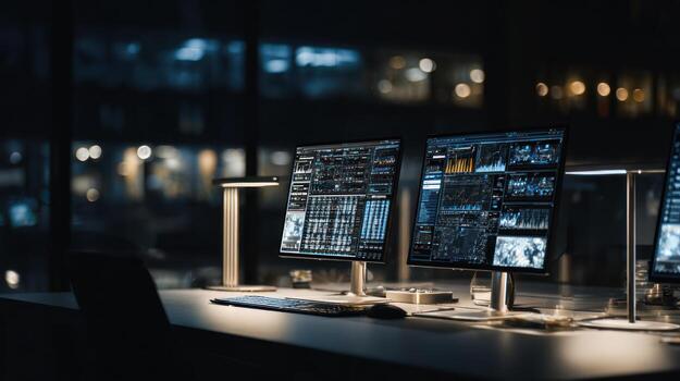 Computer screens displaying data in a dark office environment with ambient lighting photo