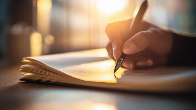 Close up of hand writing with a pen in a notebook under sunlight photo