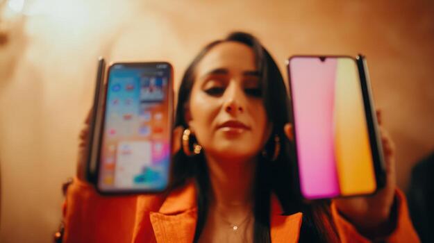 Woman displaying smartphones with colorful screens in a warm indoor setting photo