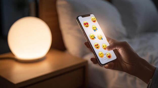 Smartphone displaying emoji icons beside a nightstand lamp in a dark room photo