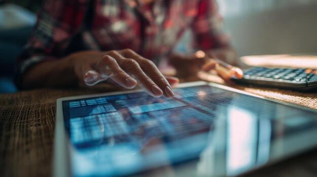 Womans hand interacting with tablet screen displaying data and information photo