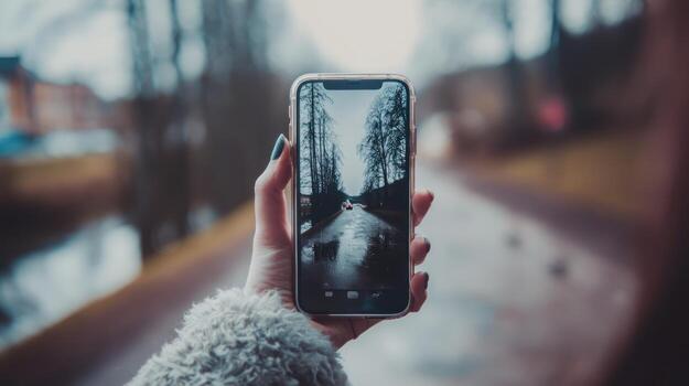 Smartphone displaying image of road through trees with bokeh effect photo