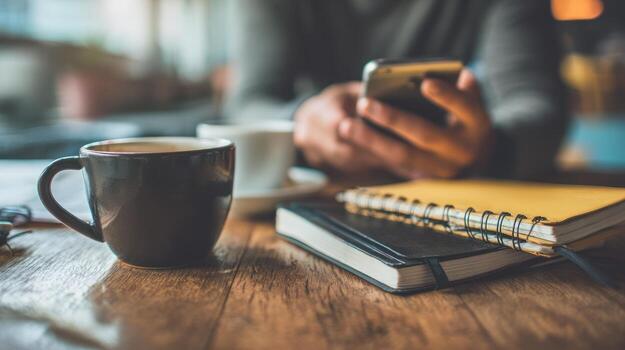 Man using smartphone near coffee and notebooks on wooden table photo