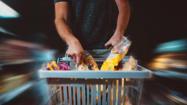 persona cargando comestibles dentro un compras carro a un supermercado Tienda foto