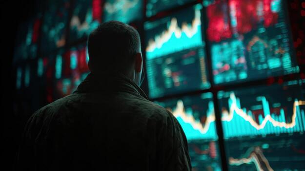 Man analyzing financial data on multiple screens in a dark room photo
