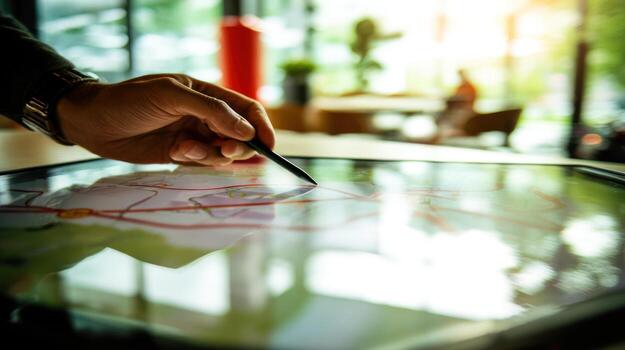 Person using a stylus to interact with a touchscreen display photo