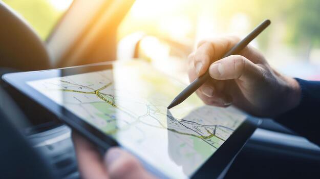 Person using tablet with stylus to view map outdoors with sunlight photo
