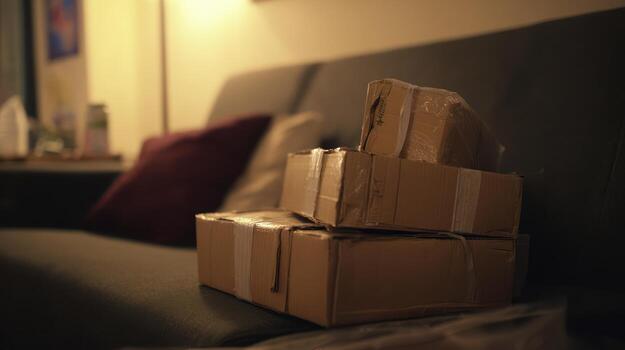 Stacked cardboard boxes on a sofa in dimly lit interior setting photo