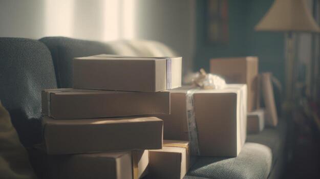cartulina cajas apilado en un sofá iluminado por suave luz de sol adentro foto