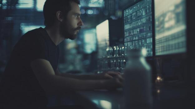 Man working at computer screen dark indoors data and information processing photo