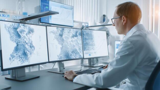Scientist analyzing data on multiple computer screens in a laboratory setting photo