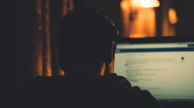 Person using computer in dimly lit room working technology concept photo