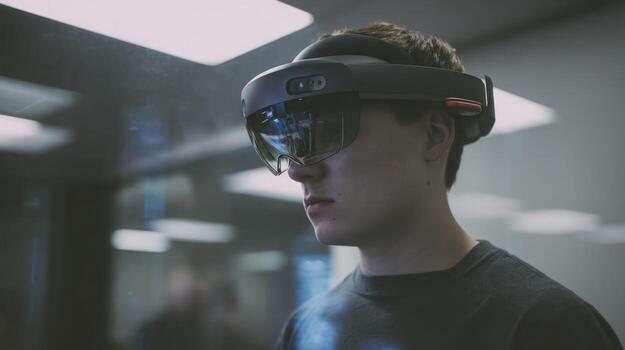 Man wearing augmented reality headset exploring futuristic technology photo