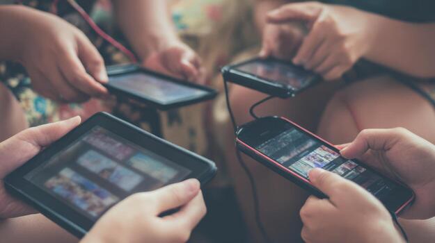 People using mobile phones and tablets at close range connection photo