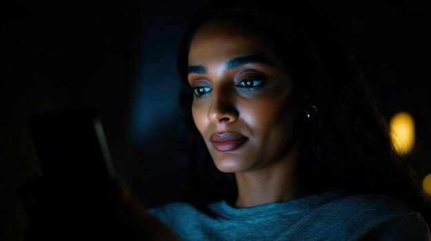 Woman using smartphone at night illuminated face in soft light photo