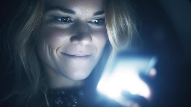 Woman using smartphone glowing screen in dark environment photo