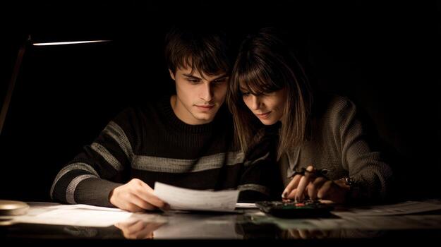 Couple reviewing documents under soft lighting for financial analysis photo