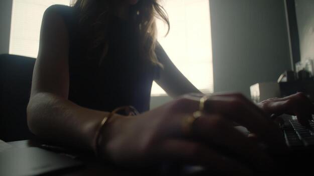 mujer mecanografía en computadora a escritorio retroiluminado por ventana luz de sol foto