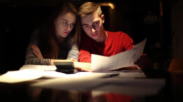 joven adultos revisando papeleo y calculador finanzas debajo oscuro Encendiendo foto