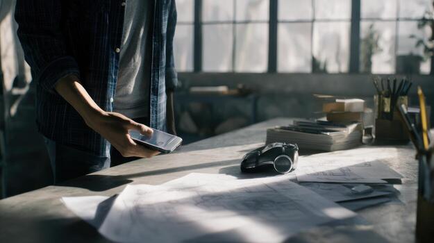 Person holding smartphone near a table with objects and sunlight photo