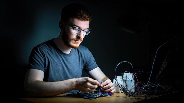 Man with glasses working on electronics in low light with wires photo