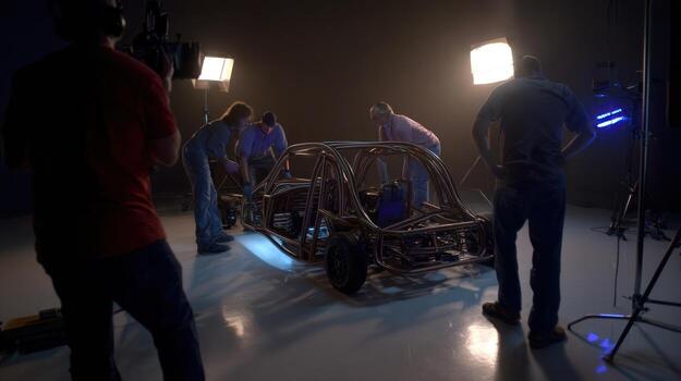 Automotive engineering team assembles car frame in studio environment photo
