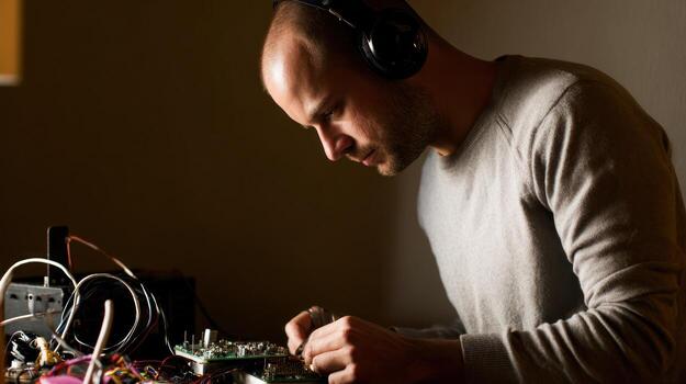 Man working on electronic components wearing headphones in low light photo