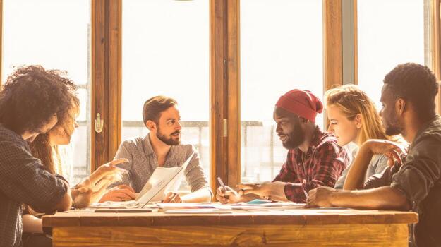 Diverse group collaborating around table with sunlight streaming through windows photo
