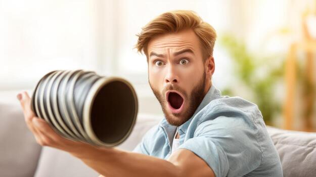 Man expressing surprise holding object against bright background photo
