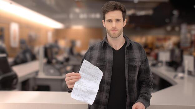 Man holding a document with neutral expression in office setting photo