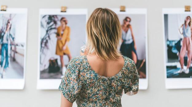 Woman viewing art prints on wall in gallery setting conceptual scene photo