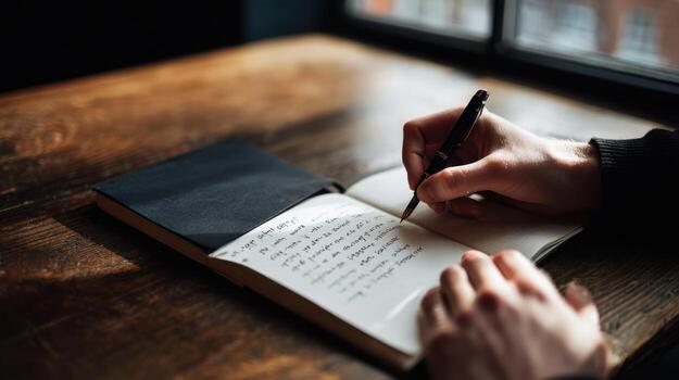 Person writing in a notebook with pen on wooden desk near window photo
