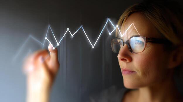 Woman analyzing financial graph on transparent interface in modern office photo