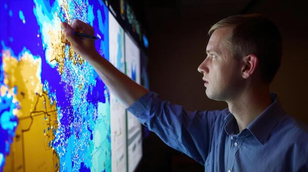 Scientist analyzing weather patterns on a large display screen photo