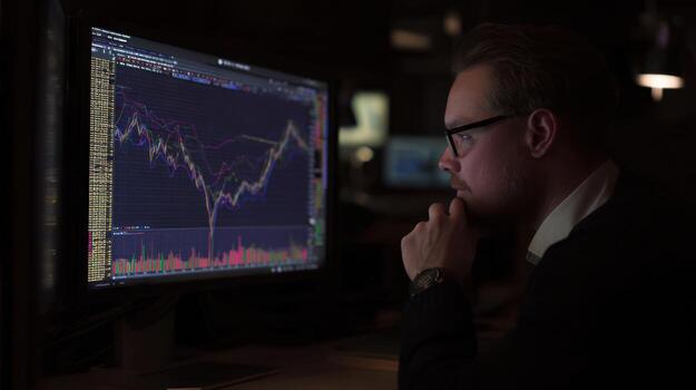 hombre analizando valores mercado datos en computadora pantalla en oscuro ajuste foto