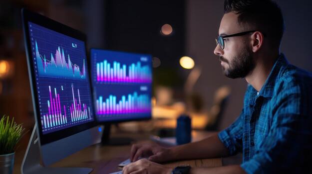 Man analyzing data on computer monitors in a dark office environment photo