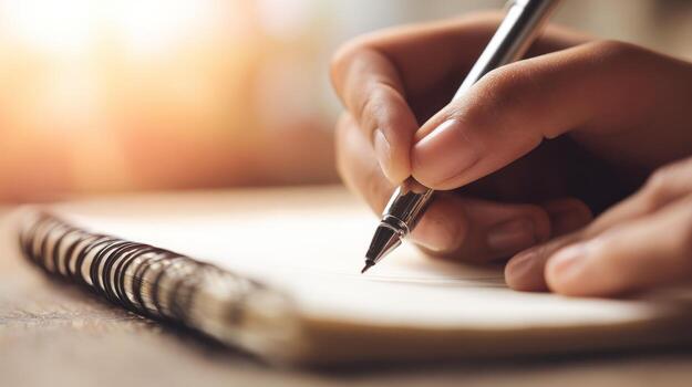 Close up of hand writing with pen on a spiral notebook with sunlight photo