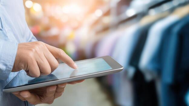 Person using tablet device in a retail store shopping experience concept photo
