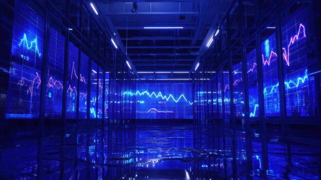 Data center servers with charts and graphs on display screens in a row photo