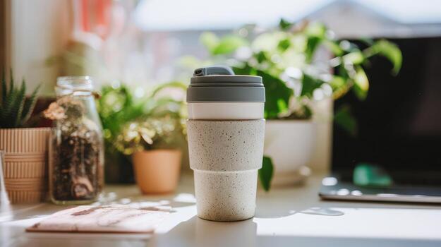 Reusable coffee cup on a desk near greenery and a computer photo