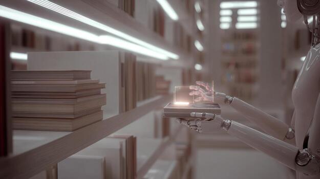Artificial intelligence robot scanning books in a library setting for information photo
