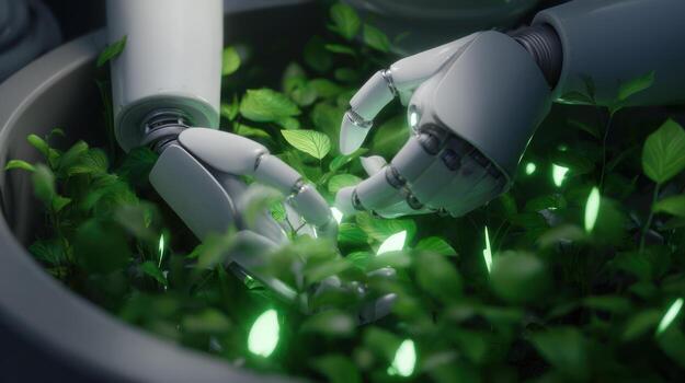 Robot hands interacting with lush green plants in a futuristic environment photo