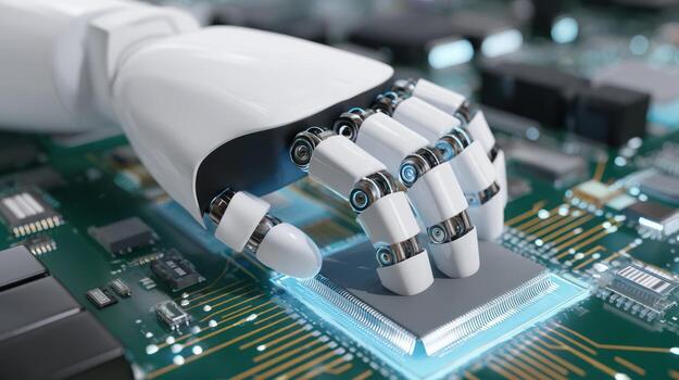 Robotic hand interacting with computer chip for artificial intelligence photo