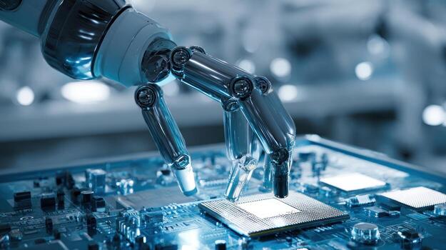 Robotic arm interacting with computer chip on circuit board photo