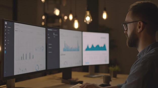 Man working at computer with multiple screens displaying data photo