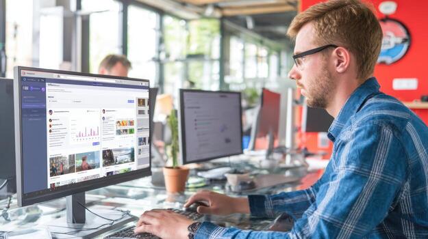 hombre trabajando en computadora en oficina ajuste con moderno tecnología elementos foto