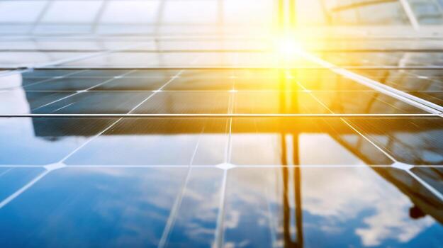 Solar panels generating energy reflecting the sky and sun on sunny day photo
