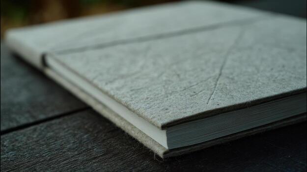Close up of an open book on a wooden surface with textured pages photo
